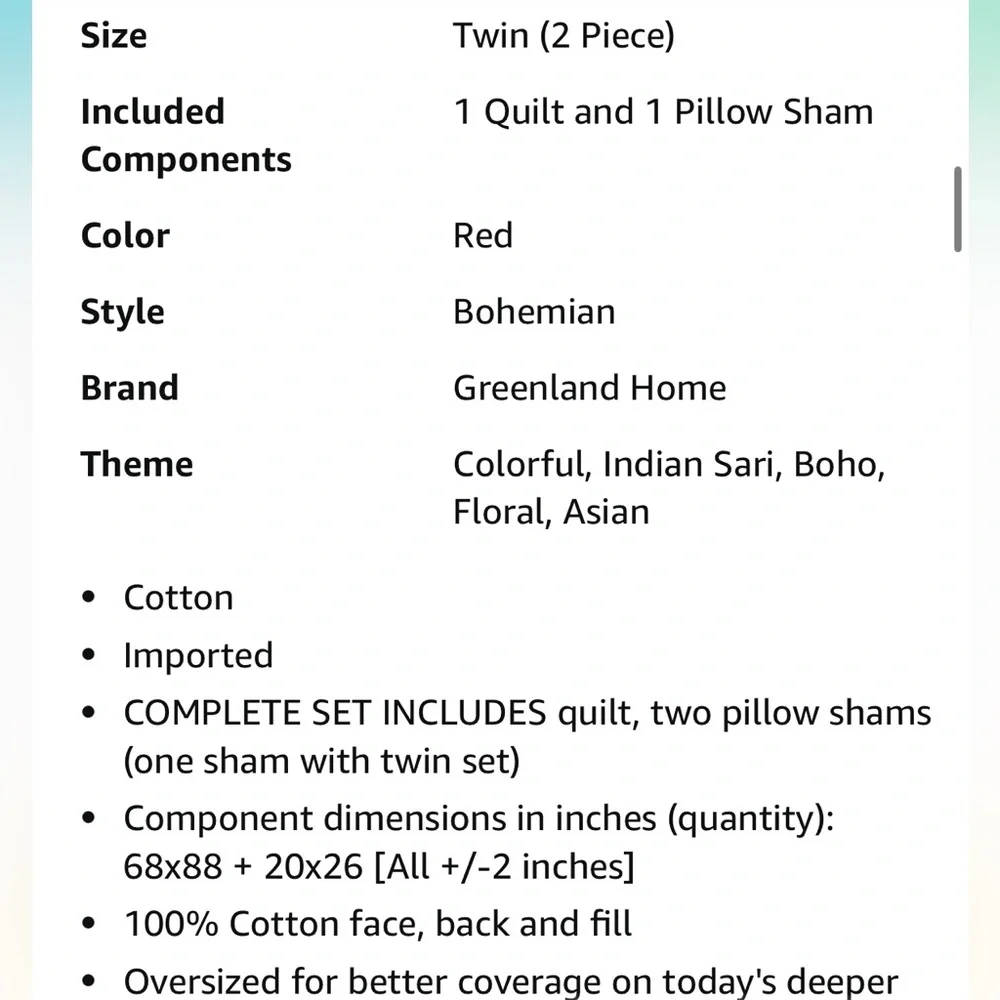 GREENLAND HOME NWT 100% cotton Kantha quilted Reversible bedding set -twin